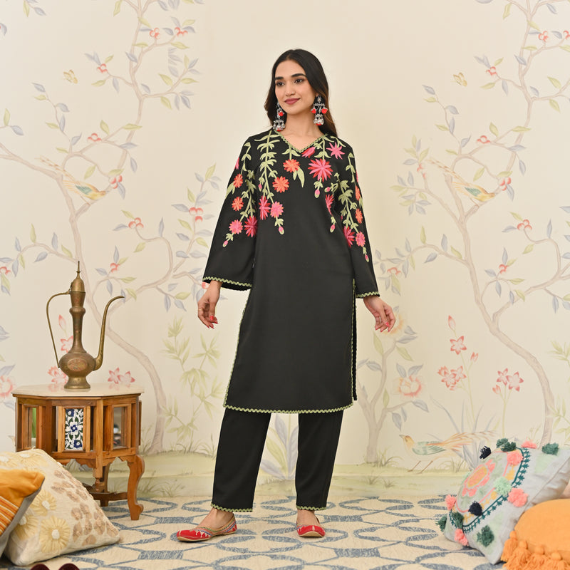 Black Woollen Aari Embroidered Kurta Pant Set with Lace detail