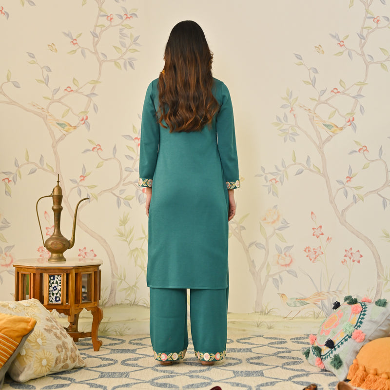Teal Woollen Aari Embroidered Straight Kurta Pant Set with Mandarin Collar