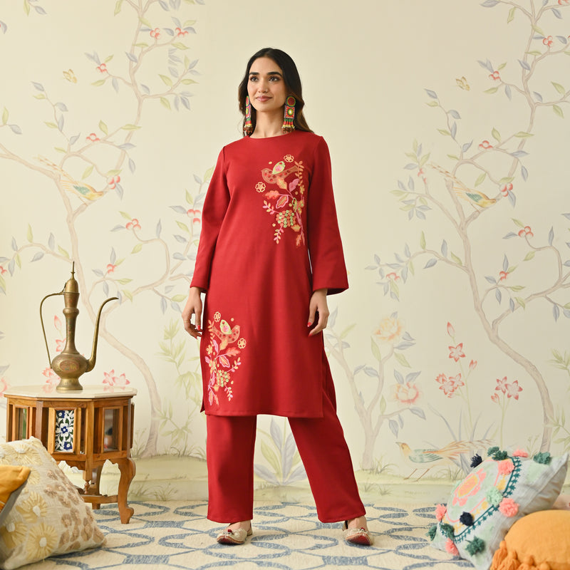 Maroon Woollen Aari Embroidered Floral Kurta Pant Set with Flared Sleeves