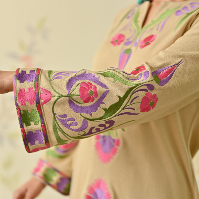 Beige Woollen Aari Embroidered Kashmiri Kurta