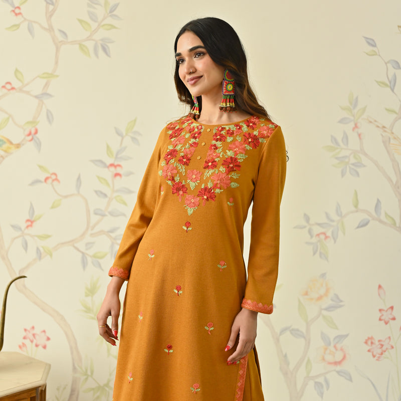 Mustard Woollen Aari Embroidered Floral Kurta Pant Set