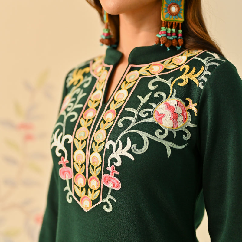 Emerald Green Woollen Aari Embroidered Straight Kurta Pant Set with Mandarin Collar