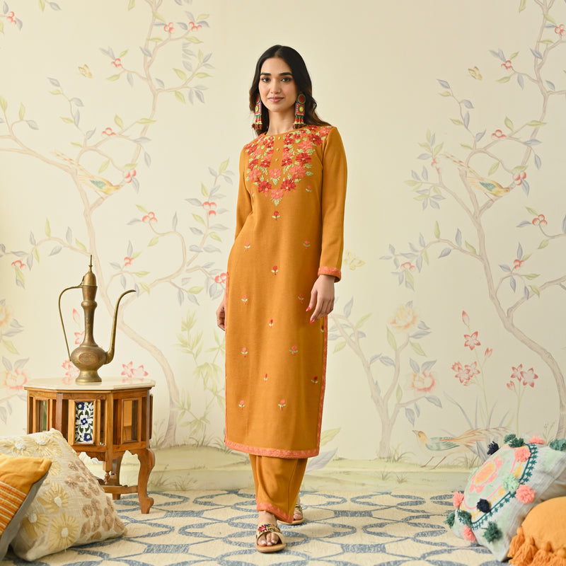 Mustard Woollen Aari Embroidered Floral Kurta Pant Set