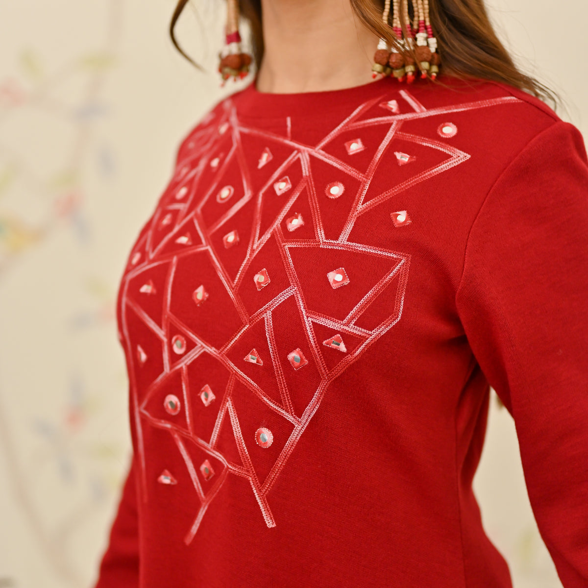 Maroon Aari Embroidered Geometric A-line Woollen Dress