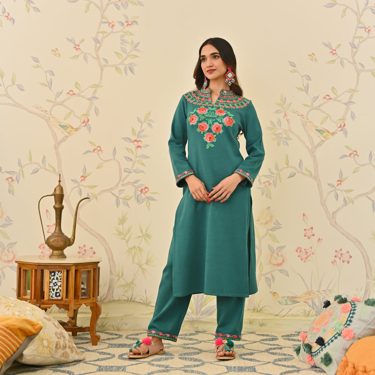 Teal Woollen Aari Embroidered Floral Kurta with Band Collar