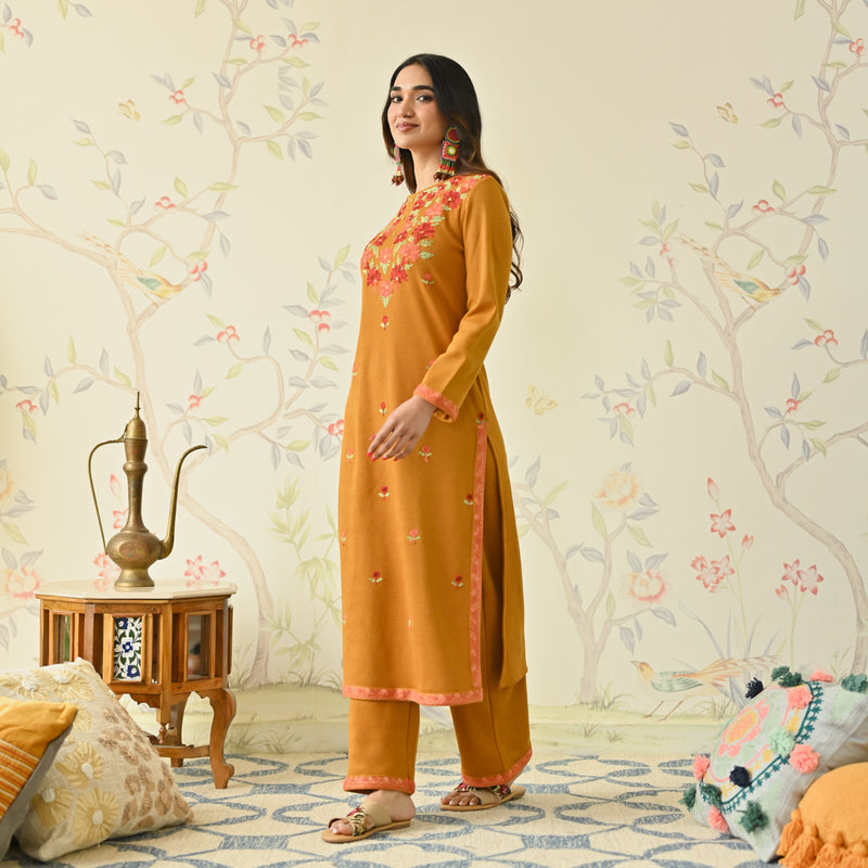 Mustard Woollen Aari Embroidered Floral Kurta Pant Set