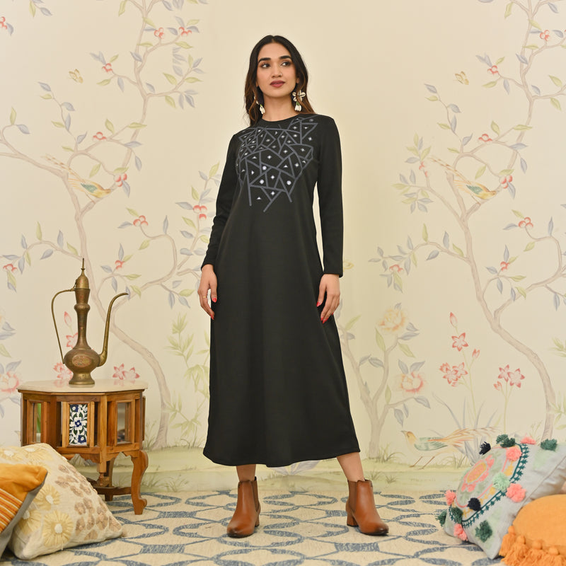 Black Aari Embroidered Geometric A-line Woollen Dress