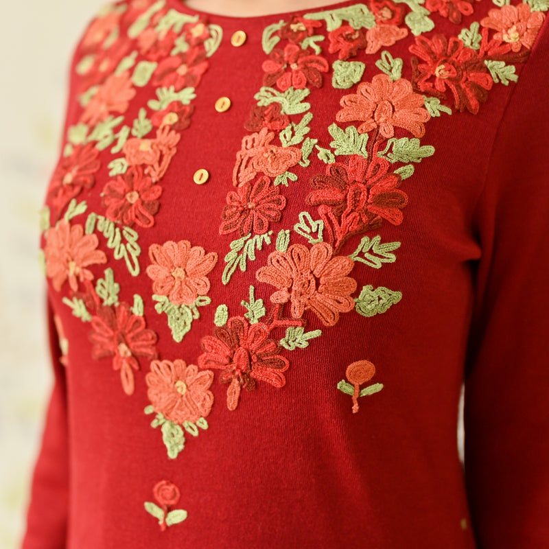 Maroon Woollen Aari Embroidered Floral Kurta Pant Set