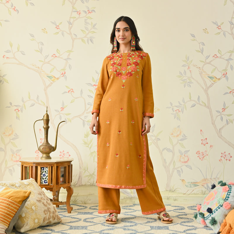 Mustard Woollen Aari Embroidered Floral Kurta Pant Set