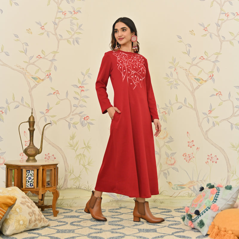 Maroon Aari Embroidered Geometric A-line Woollen Dress