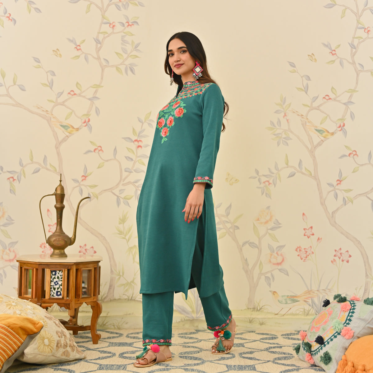 Teal Woollen Aari Embroidered Floral Kurta with Band Collar