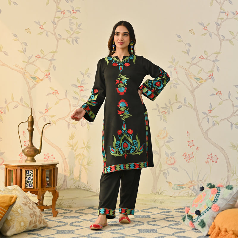 Black Woollen Aari Embroidered Kashmiri Kurta