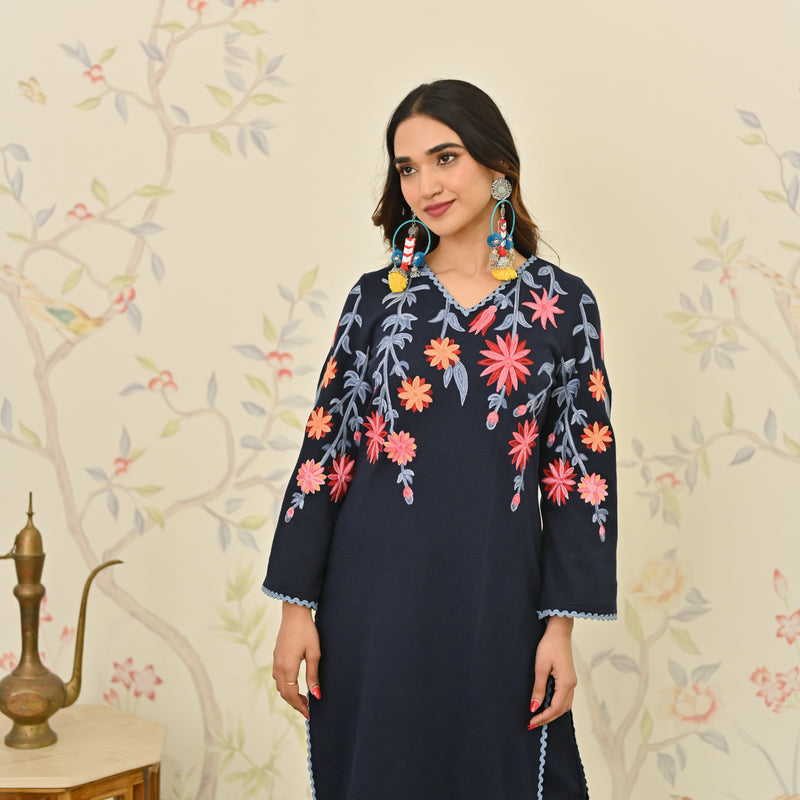 Navy Blue Woollen Aari Embroidered Kurta Pant Set with Lace detail
