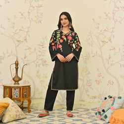 Black Woollen Aari Embroidered Kurta Pant Set with Lace detail