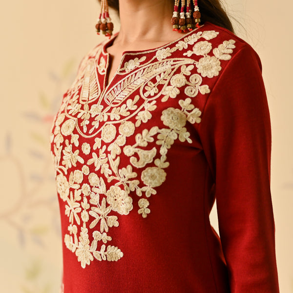 Maroon Woollen Embroidered Kurta