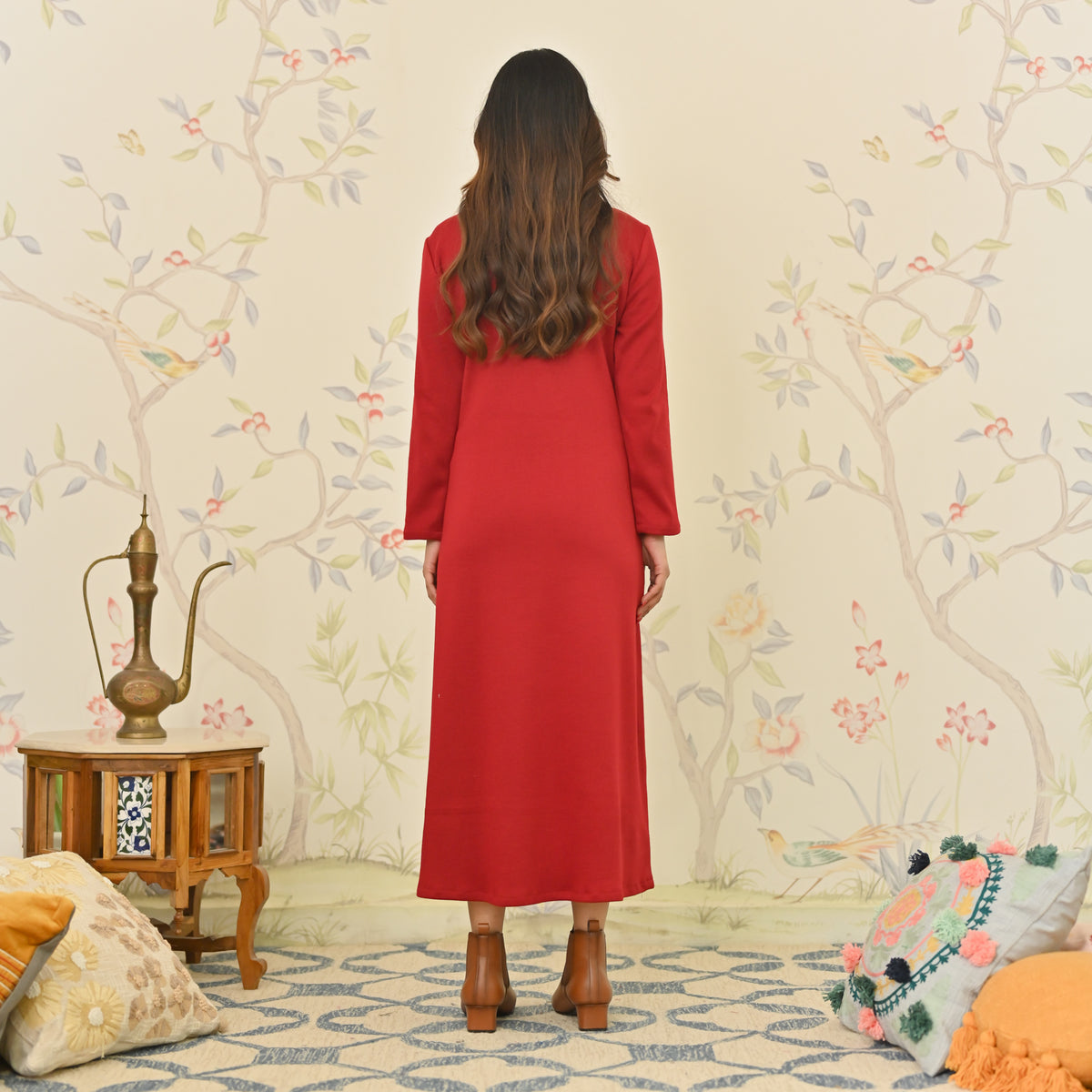 Maroon Aari Embroidered Geometric A-line Woollen Dress