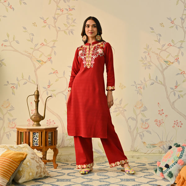 Maroon Woollen Aari Embroidered Straight Kurta Pant Set with Mandarin Collar