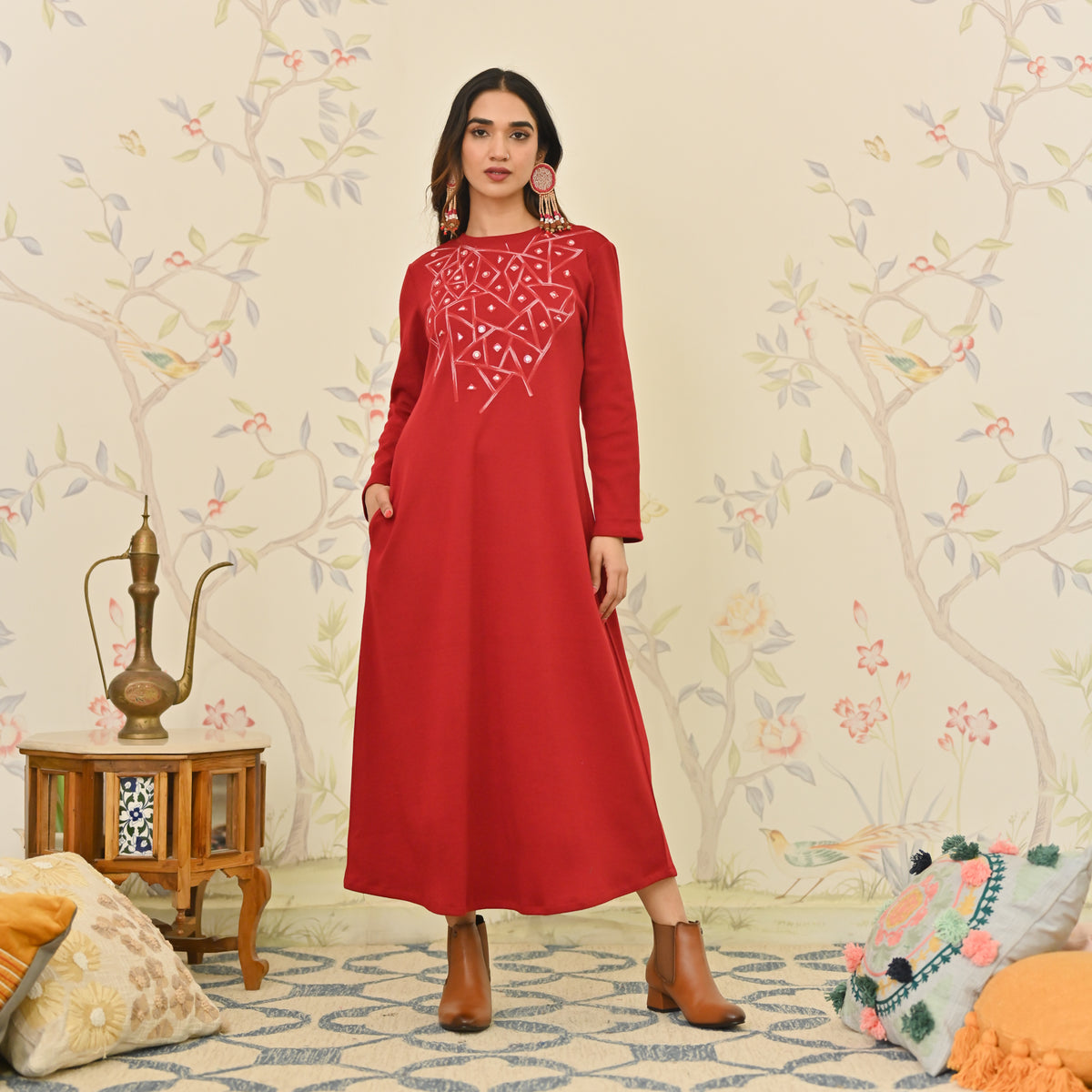 Maroon Aari Embroidered Geometric A-line Woollen Dress