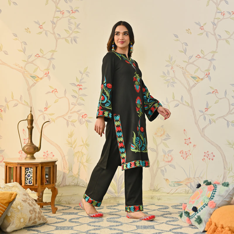 Black Woollen Aari Embroidered Kashmiri Kurta