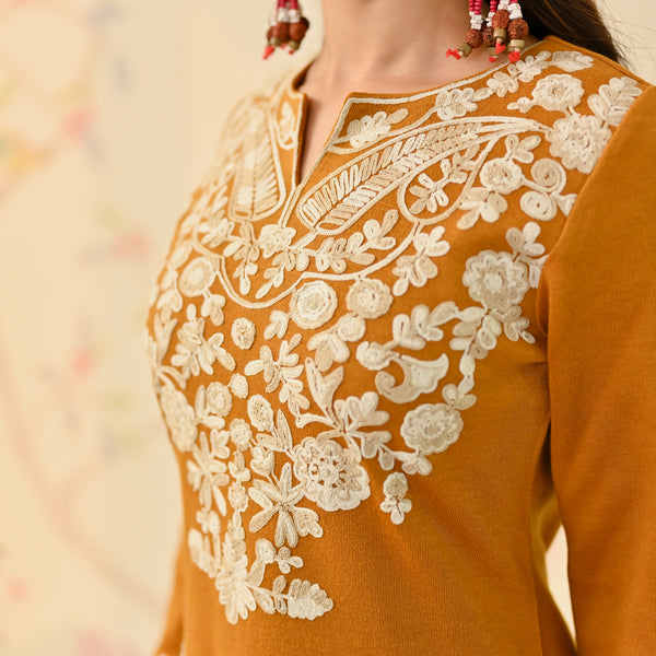 Mustard Woollen Embroidered Kurta