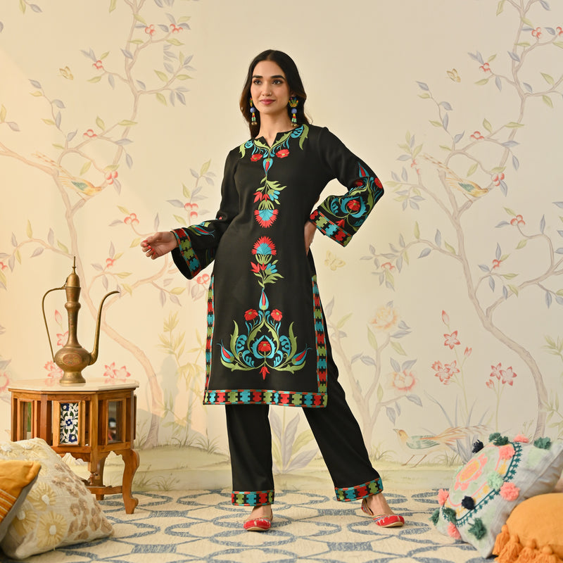 Black Woollen Aari Embroidered Kashmiri Kurta