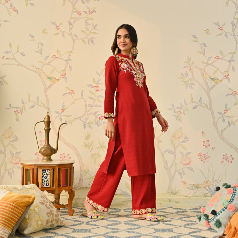 Maroon Woollen Aari Embroidered Straight Kurta Pant Set with Mandarin Collar