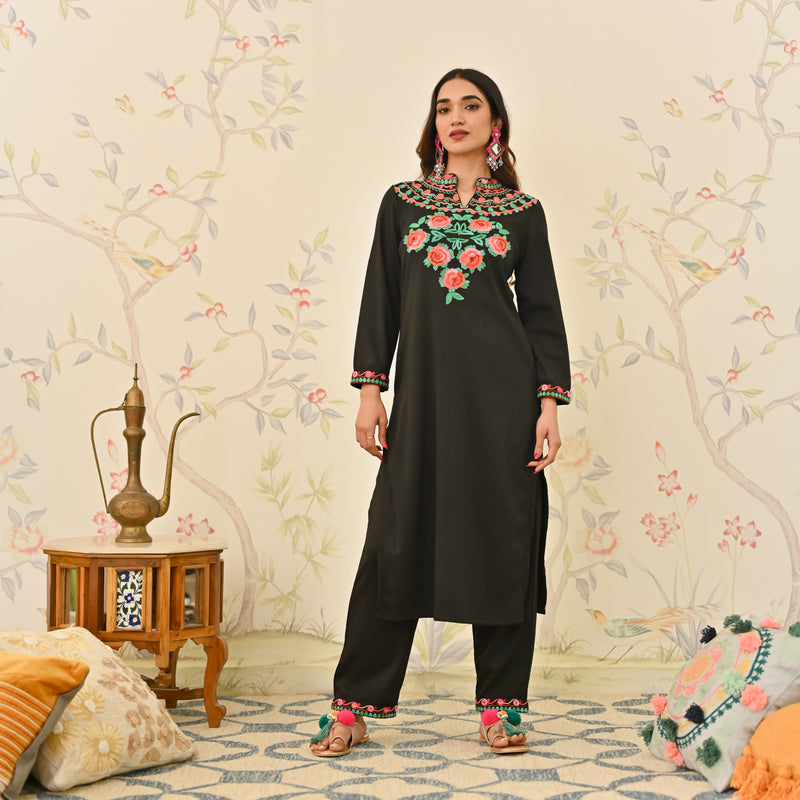 Black Woollen Aari Embroidered Floral Kurta Pant Set with Band Collar