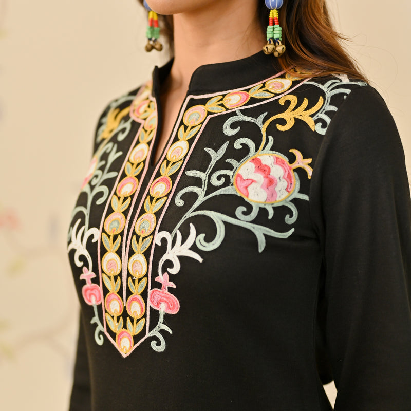 Black Woollen Aari Embroidered Straight Kurta Pant Set with Mandarin Collar