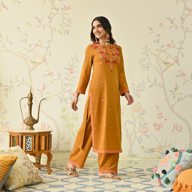 Mustard Woollen Aari Embroidered Floral Kurta Pant Set