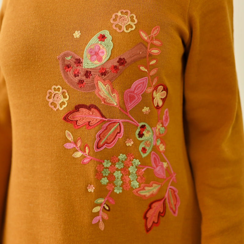 Mustard Woollen Aari Embroidered Floral Kurta with Flared Sleeves