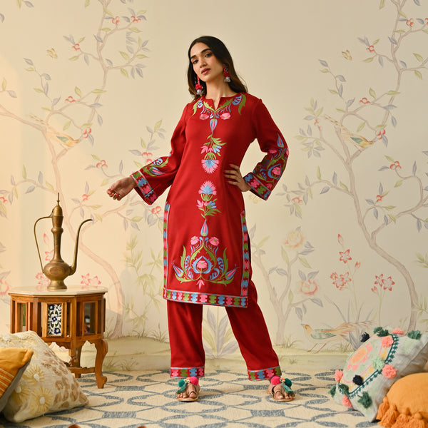 Maroon Woollen Aari Embroidered Kashmiri Kurta Pant Set