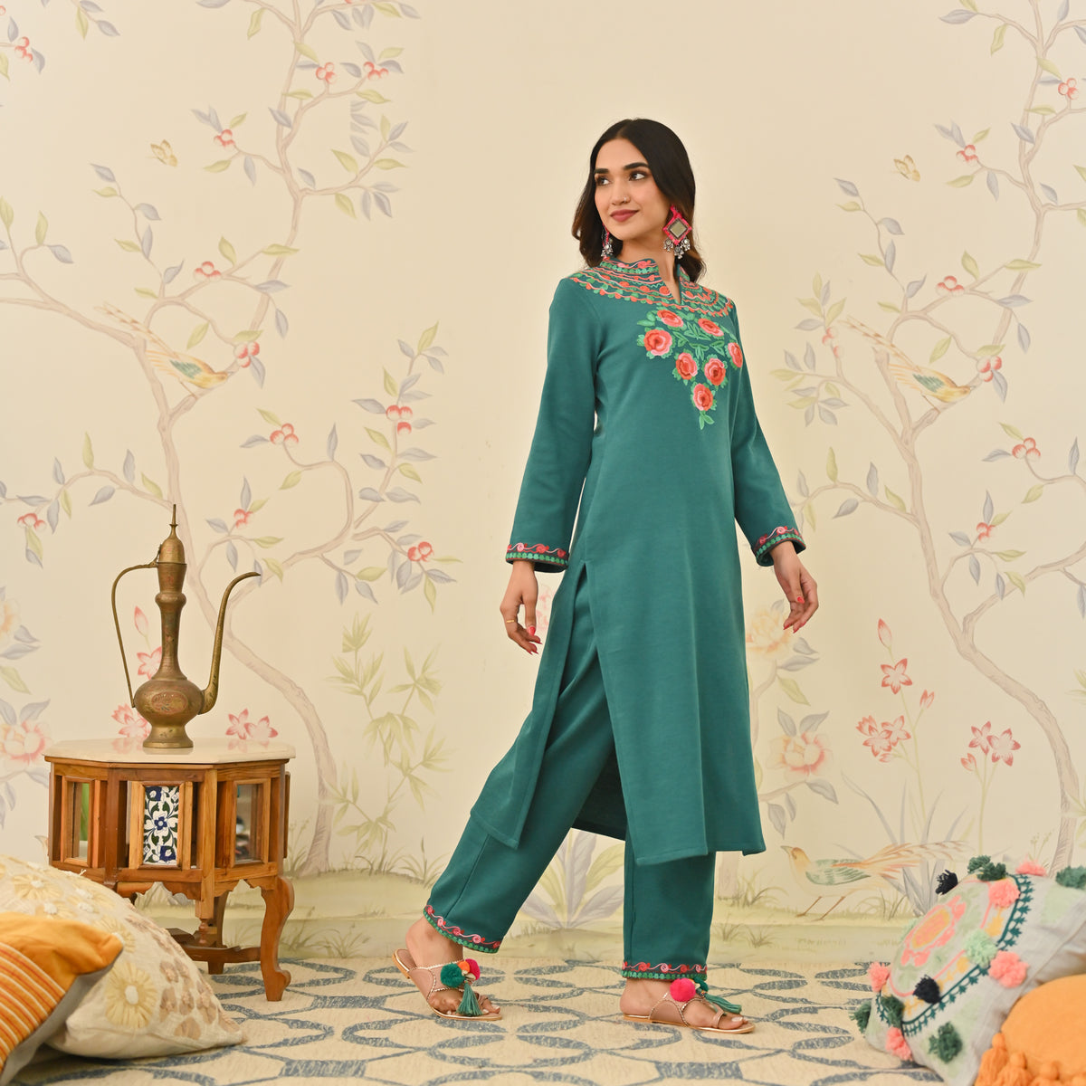 Teal Woollen Aari Embroidered Floral Kurta with Band Collar