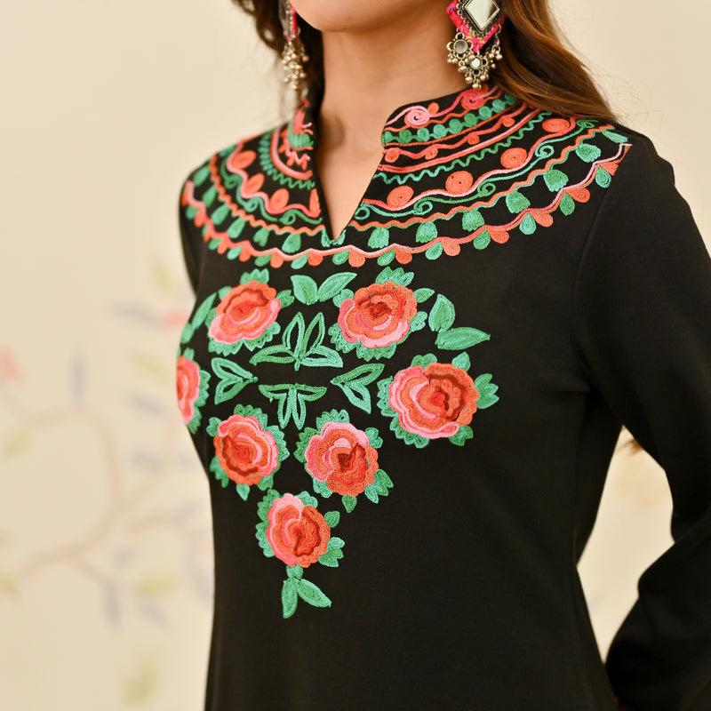 Black Woollen Aari Embroidered Floral Kurta Pant Set with Band Collar