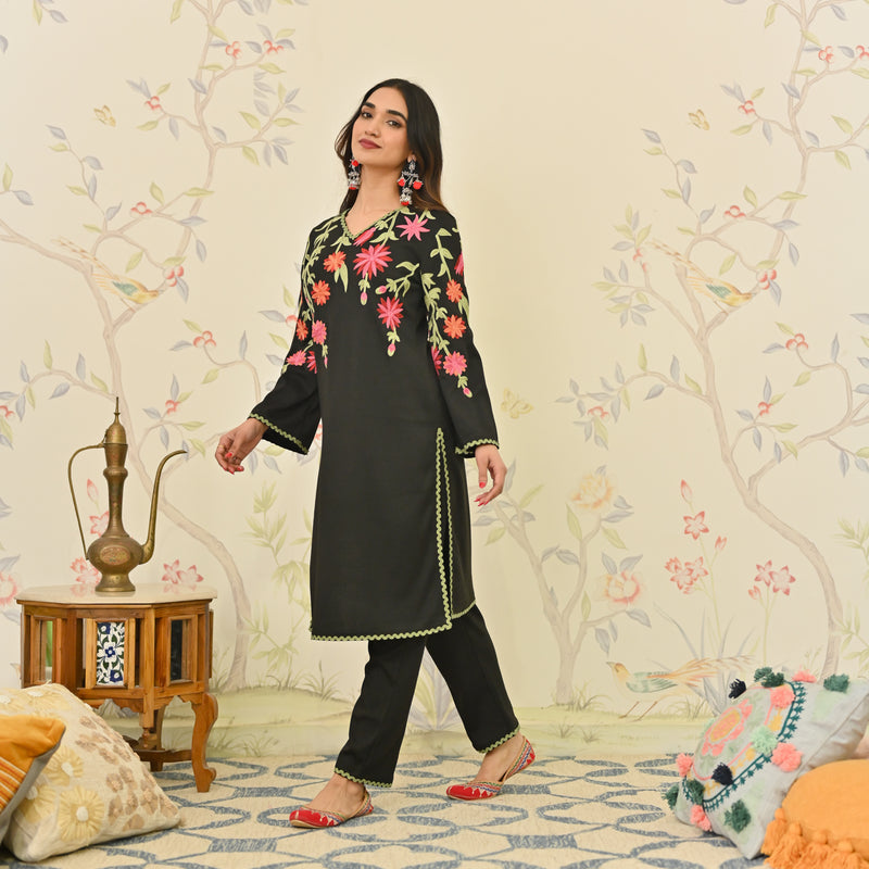 Black Woollen Aari Embroidered Kurta Pant Set with Lace detail