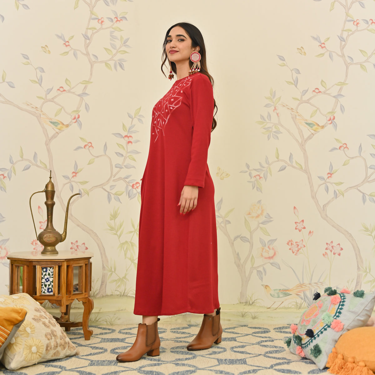 Maroon Aari Embroidered Geometric A-line Woollen Dress