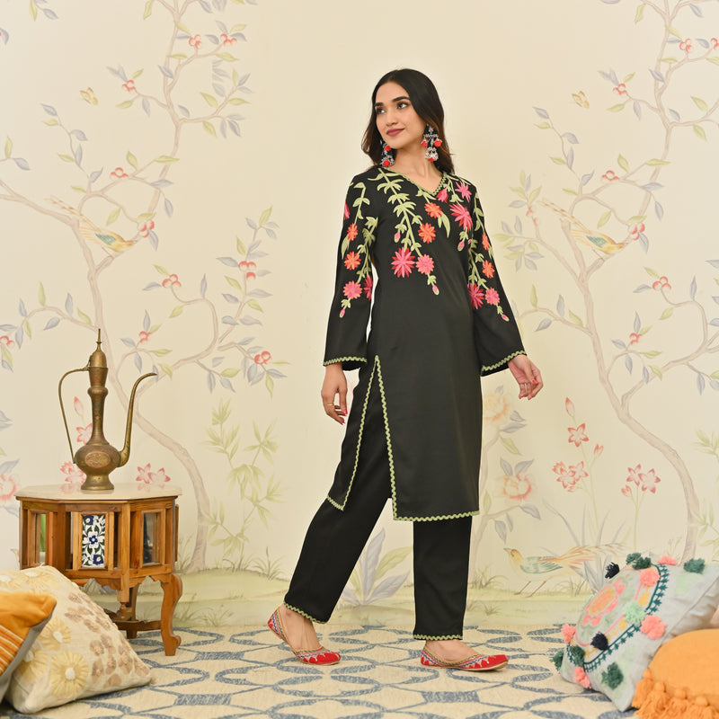 Black Woollen Aari Embroidered Kurta Pant Set with Lace detail