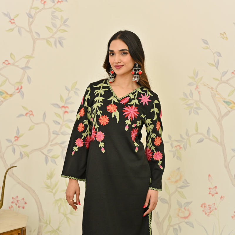 Black Woollen Aari Embroidered Kurta Pant Set with Lace detail