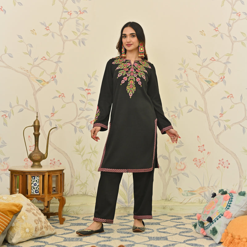 Black Woollen Aari Embroidered Floral Kurta Pant Set