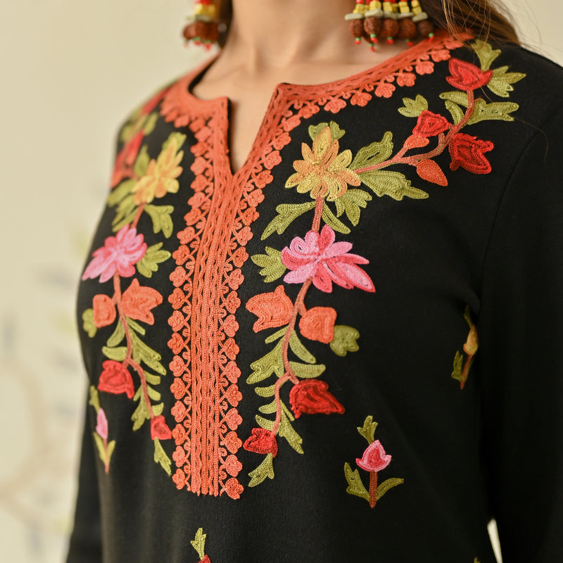 Black Woollen Aari Embroidered Floral Kurta Pant Set