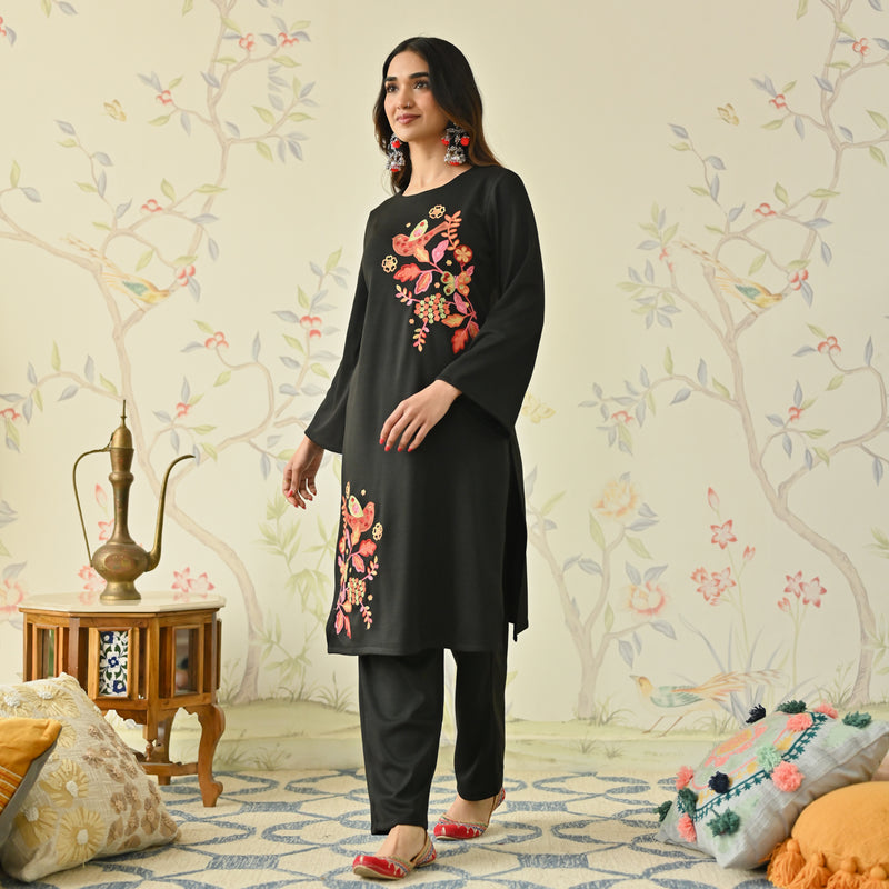 Black Woollen Aari embroidered Floral Kurta Pant Set with Flared Sleeves