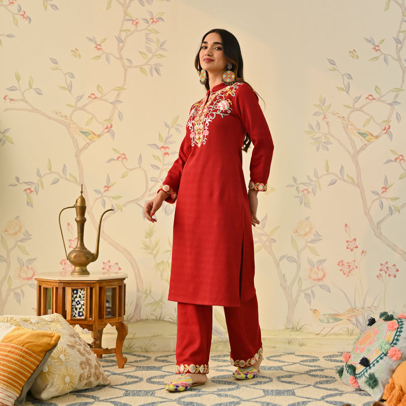 Maroon Woollen Aari Embroidered Straight Kurta Pant Set with Mandarin Collar