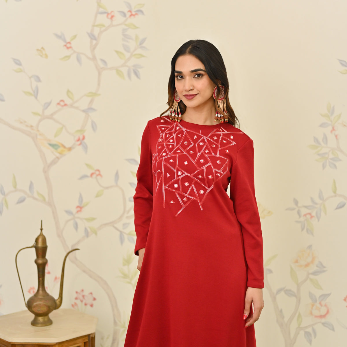 Maroon Aari Embroidered Geometric A-line Woollen Dress
