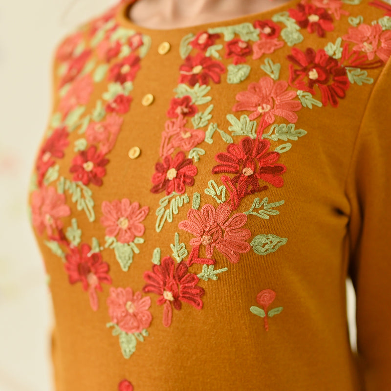 Mustard Woollen Aari Embroidered Floral Kurta Pant Set