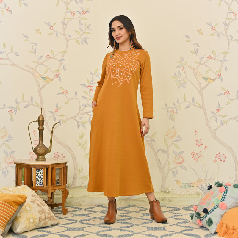Mustard Aari Embroidered Geometric A-line Woollen Dress