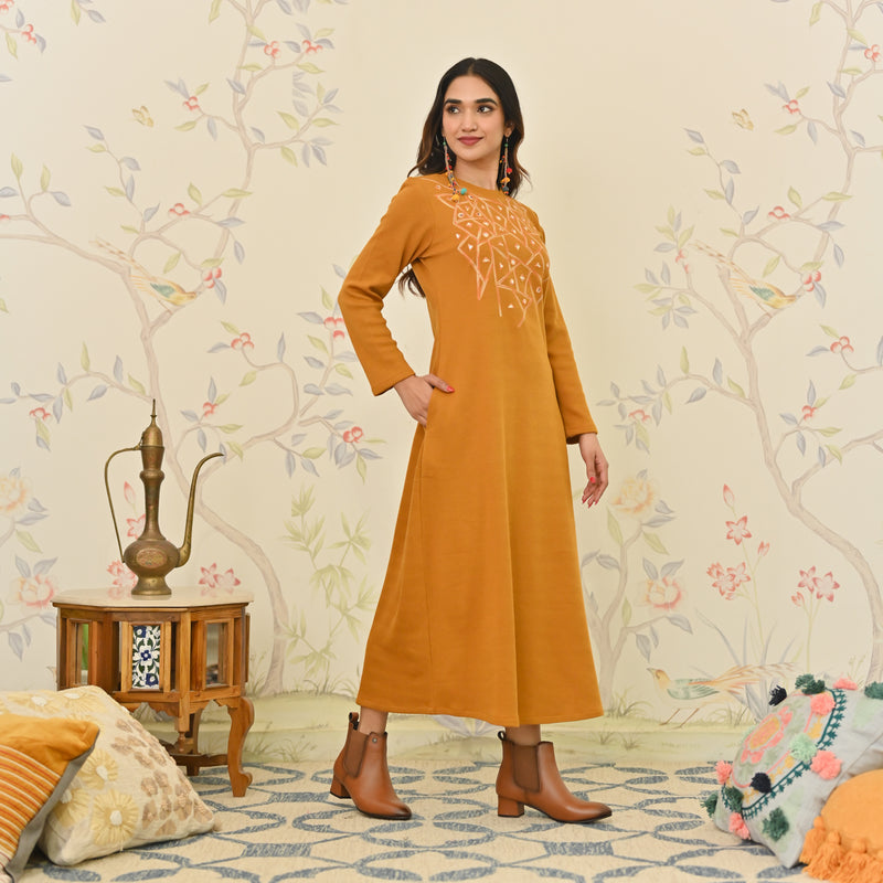 Mustard Aari Embroidered Geometric A-line Woollen Dress