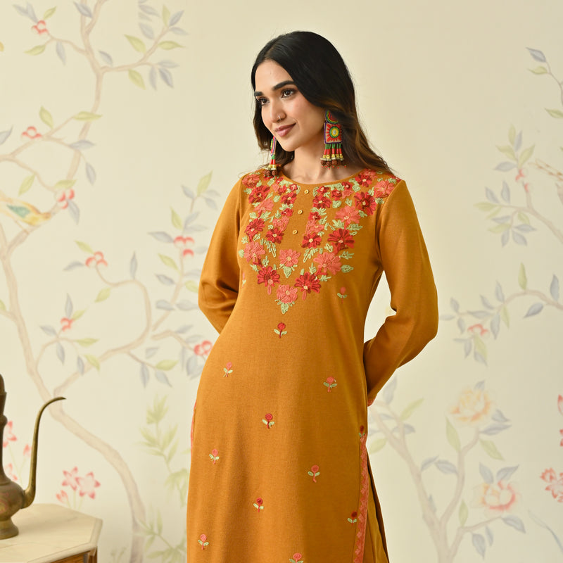 Mustard Woollen Aari Embroidered Floral Kurta Pant Set