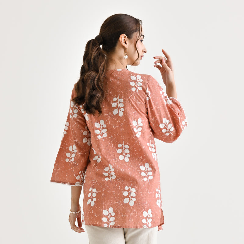 Brown Sanganeri Buta Printed Cotton Tunic with Pintuck & Lace Details