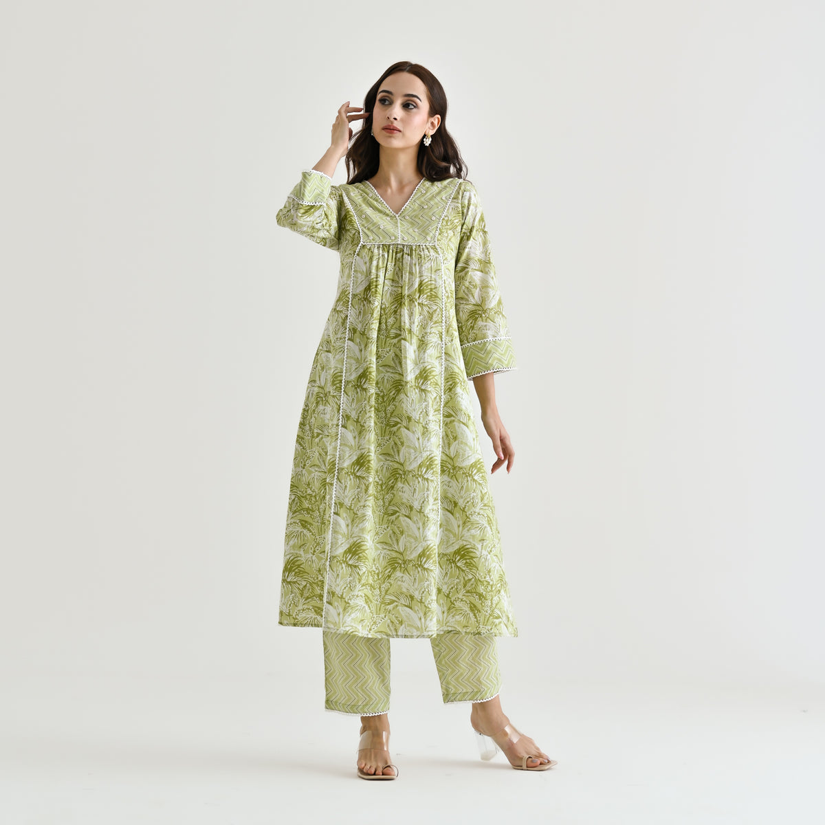 Lime Green Sanganeri Cotton Co-ord Set with Embroidery & Lace Details
