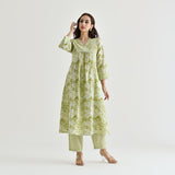 Lime Green Sanganeri Cotton Co-ord Set with Embroidery & Lace Details