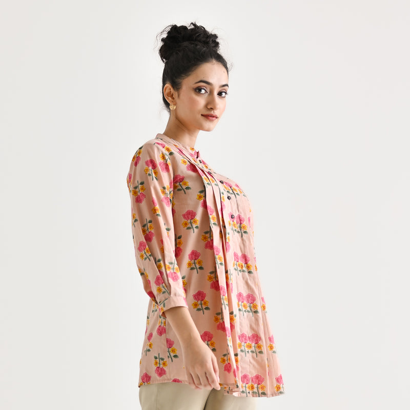 Baby Pink Floral Printed Cotton Tunic with Pintuck & Button Details